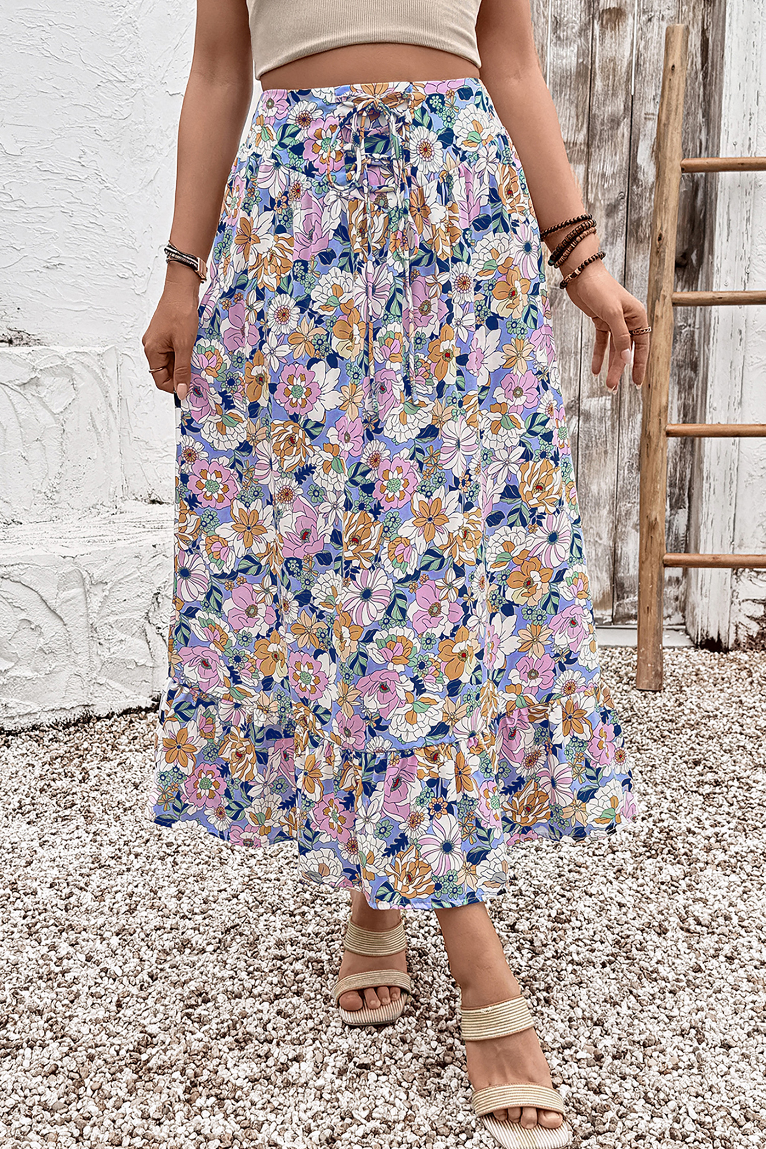 Southern Belle Floral Maxi Skirt for Women – High Waist Lace-Up Detail, Flowy Long Casual Skirt - Detail View 6 Southern Belle Floral Maxi Skirt for Women – High Waist Lace-Up Detail, Flowy Long Casual Skirt - Detail View 6