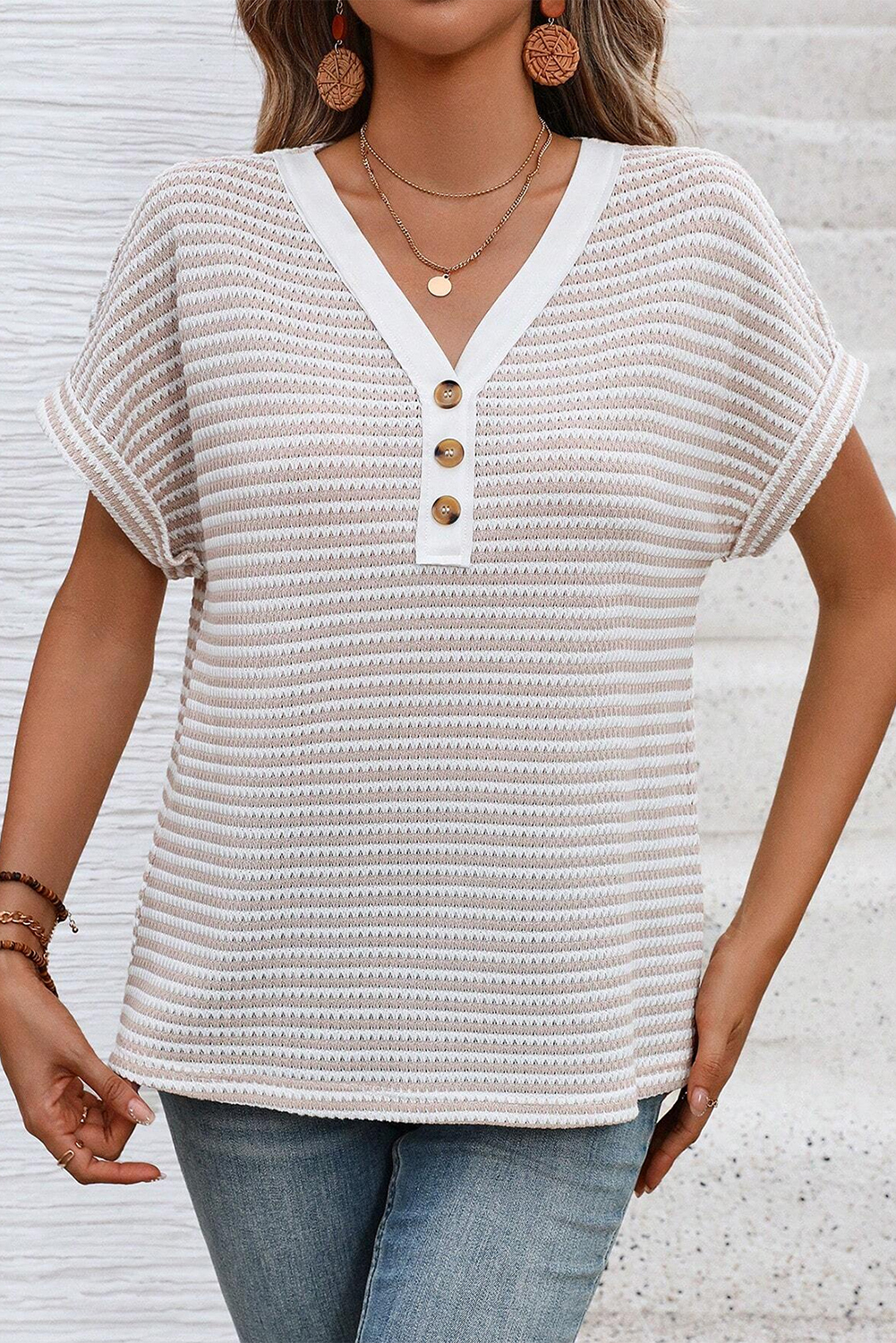 Women's T-Shirt, Khaki Stripe, V Neck, Buttoned Front, Casual Style, Soft Knitted Material, Daily Wear, Striped Pattern, Summer Fashion, Comfortable Fit, Quality Fabric, Tops, Tops & Tees - Detail View 12 Women's T-Shirt, Khaki Stripe, V Neck, Buttoned Front, Casual Style, Soft Knitted Material, Daily Wear, Striped Pattern, Summer Fashion, Comfortable Fit, Quality Fabric, Tops, Tops & Tees - Detail View 12
