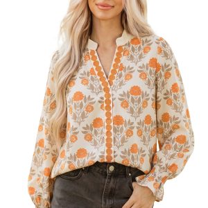 Women's Orange Floral Blouse, V Neck Long Sleeve Daily Top - Main View