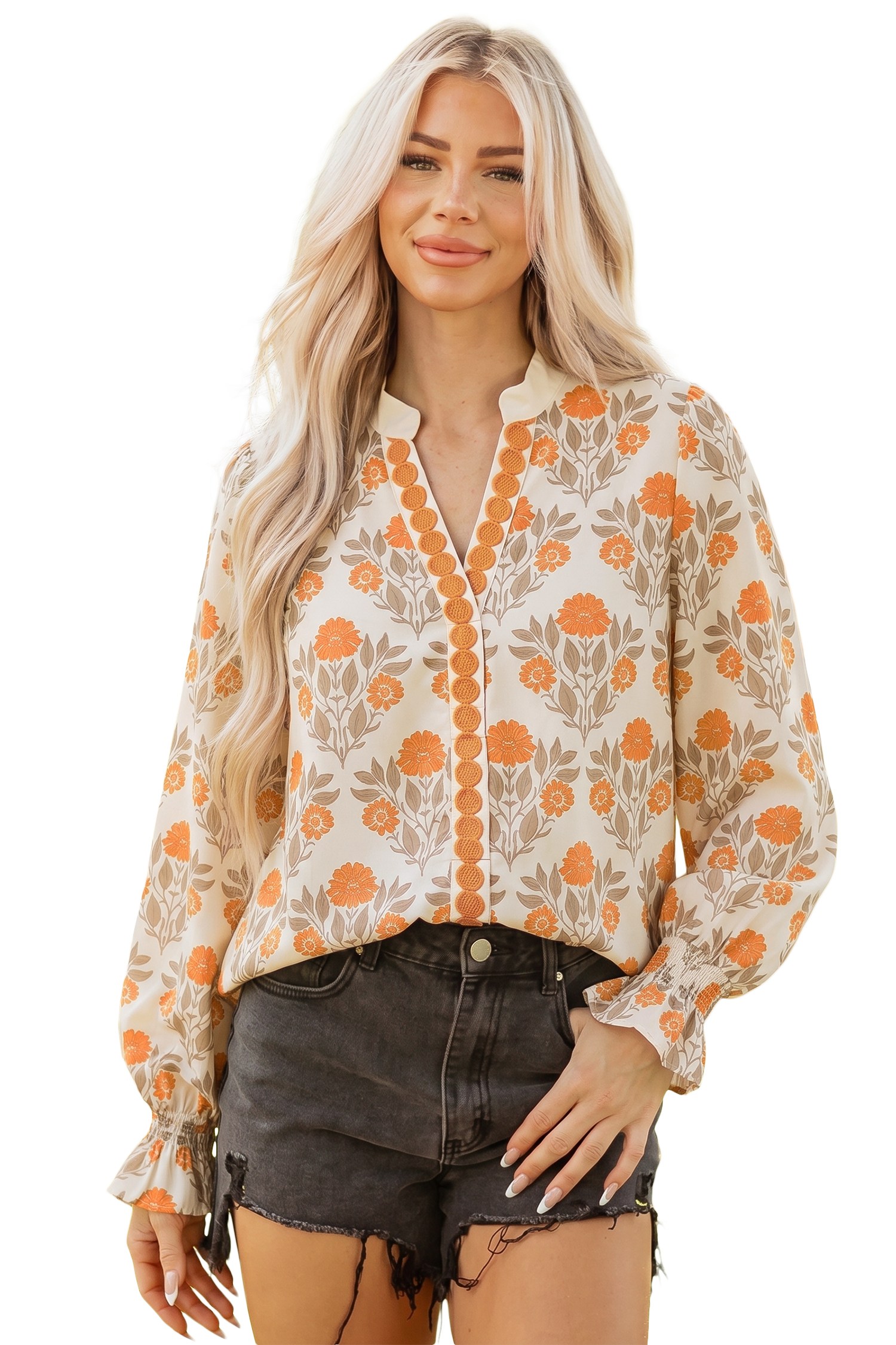 Women's Orange Floral Blouse, V Neck Long Sleeve Daily Top - Main View Women's Orange Floral Blouse, V Neck Long Sleeve Daily Top - Main View