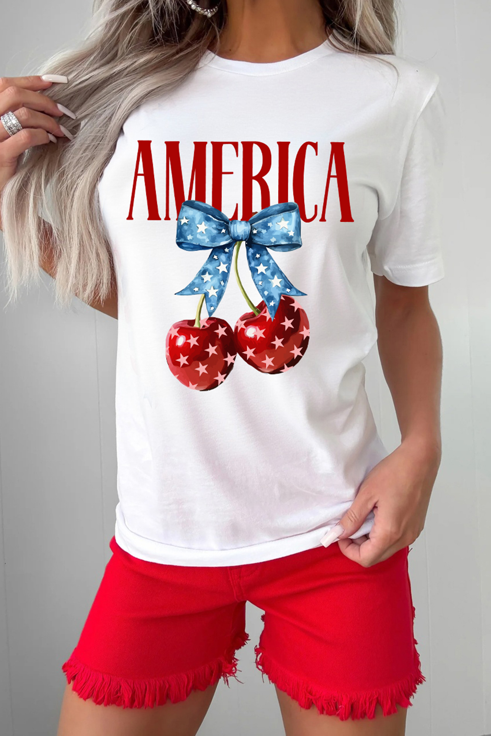 Women's Graphic T-Shirt, White Cherry Print, AMERICA Design, Crewneck, Casual Style, Summer Fashion, Independence Day, Timeless Look, Family Gatherings, Concerts, Festivals, Comfortable Fit, Short Sleeve - Detail View 4 Women's Graphic T-Shirt, White Cherry Print, AMERICA Design, Crewneck, Casual Style, Summer Fashion, Independence Day, Timeless Look, Family Gatherings, Concerts, Festivals, Comfortable Fit, Short Sleeve - Detail View 4