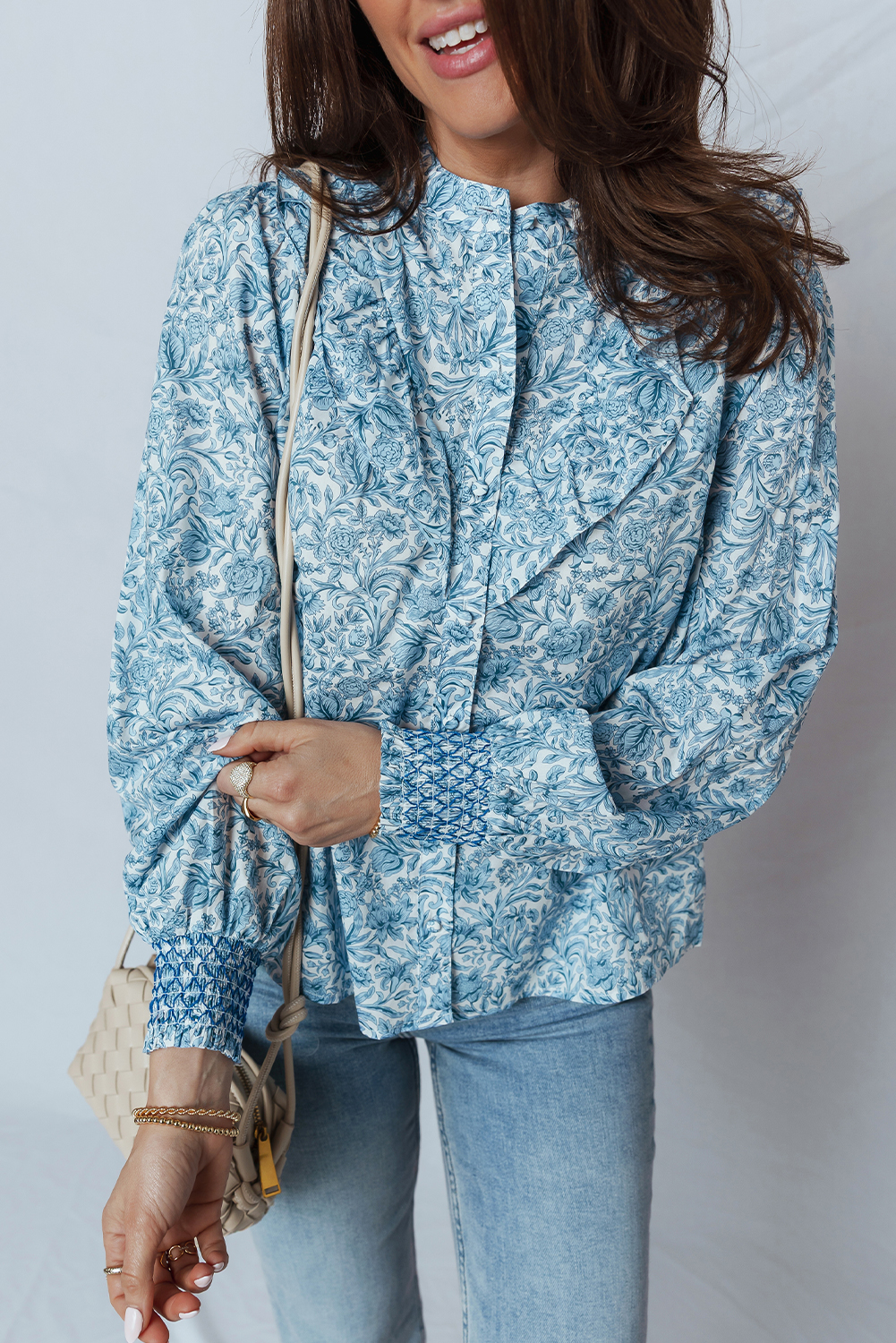 Sky Blue All Over Floral Puff Sleeve Shirt for Women - Elegant Daily Wear - Detail View 5 Sky Blue All Over Floral Puff Sleeve Shirt for Women - Elegant Daily Wear - Detail View 5