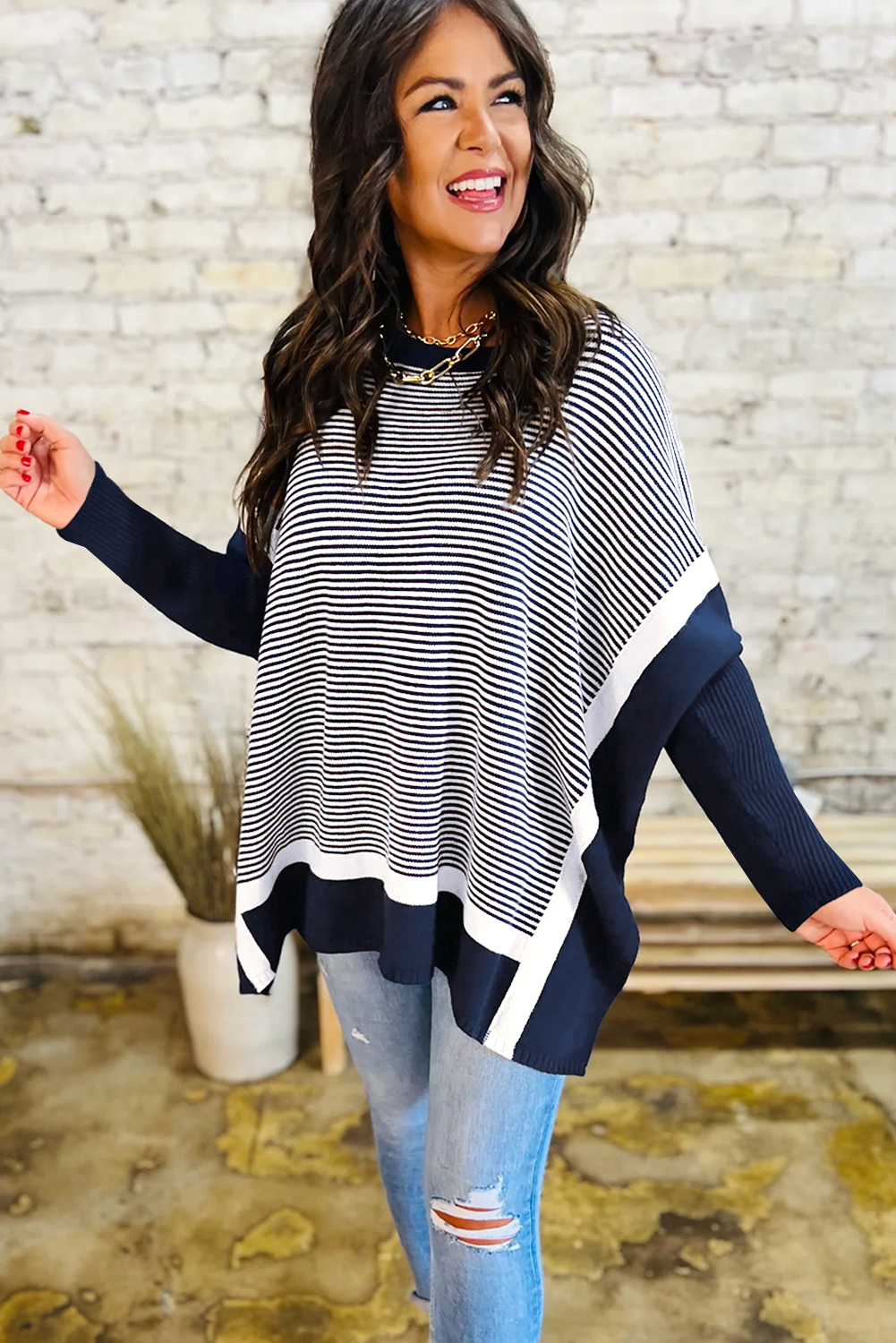 Cozy and Versatile Blue Stripe Dolman Sweater for Daily Wear in Fall - Detail View 3 Cozy and Versatile Blue Stripe Dolman Sweater for Daily Wear in Fall - Detail View 3