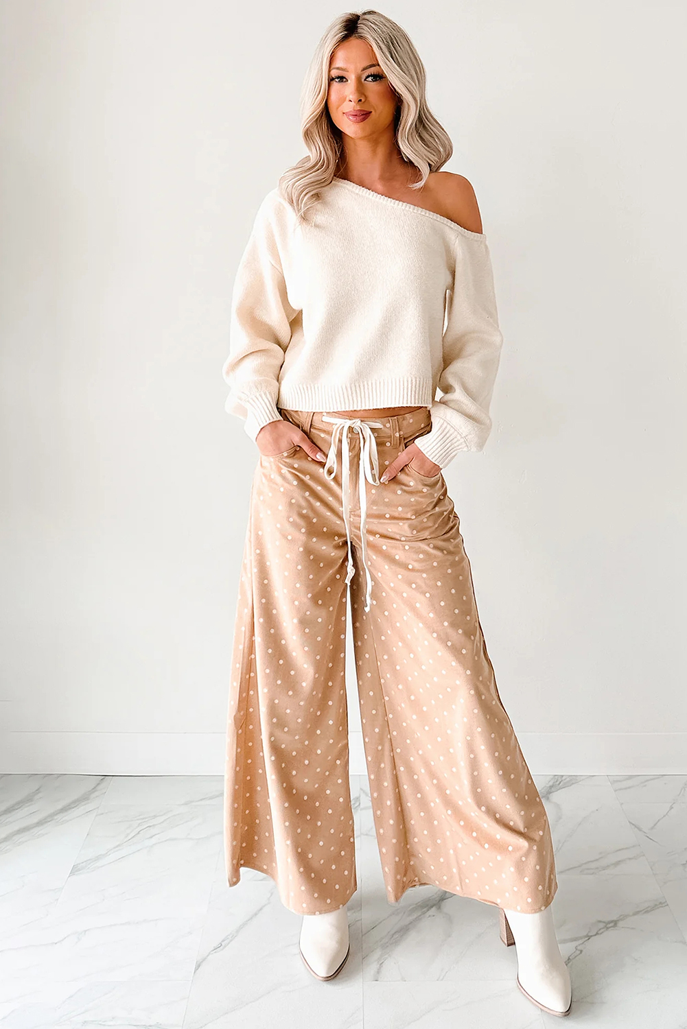 Women's Khaki Polka Dot Wide Leg Pants – Casual Drawstring Trousers for Daily Wear - Detail View 7 Women's Khaki Polka Dot Wide Leg Pants – Casual Drawstring Trousers for Daily Wear - Detail View 7