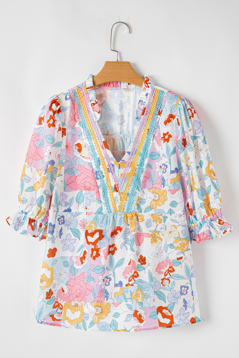 Women's Vibrant Pink Boho Flower Print Half Puff Sleeve Blouse - Detail View 9 Women's Vibrant Pink Boho Flower Print Half Puff Sleeve Blouse - Detail View 9