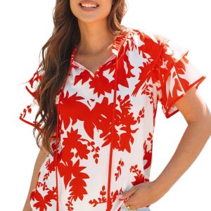 Women's Red Plant Print V Neck Blouse with Tiered Ruffled Sleeves - Main View
