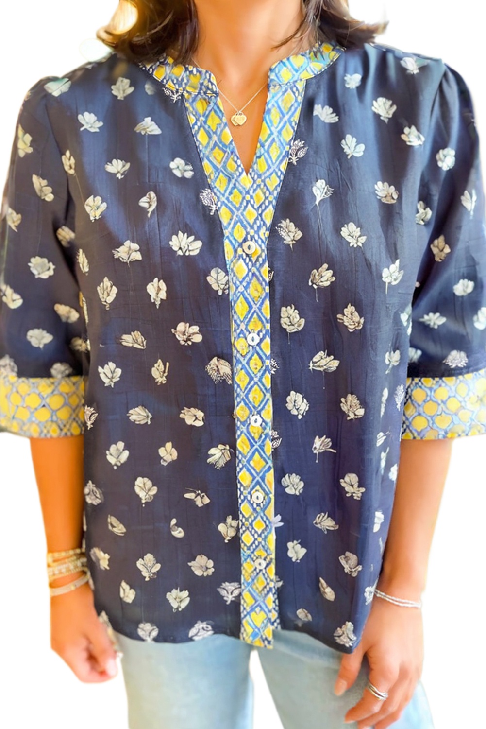Elegant Blue Floral Blouse - Three Quarter Sleeve & V Neck Design - Detail View 2 Elegant Blue Floral Blouse - Three Quarter Sleeve & V Neck Design - Detail View 2