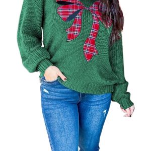 Women's Evergreen Plaid Bow Graphic Christmas Sweater – Casual Holiday Style for Daily Wear - Main View