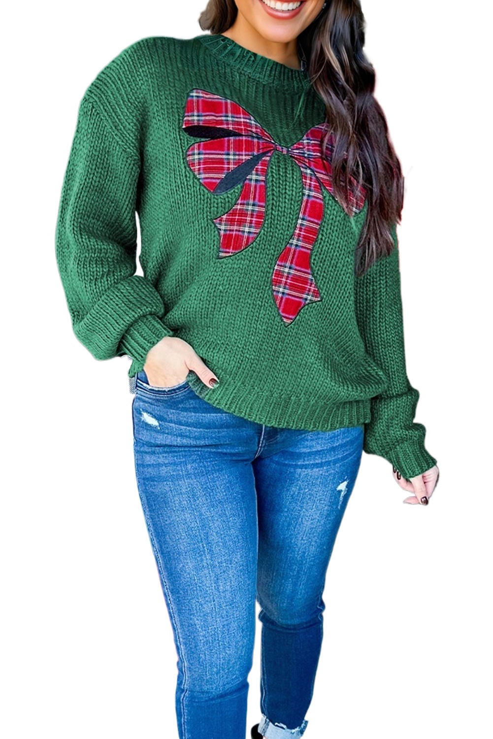 Women's Evergreen Plaid Bow Graphic Christmas Sweater – Casual Holiday Style for Daily Wear - Main View Women's Evergreen Plaid Bow Graphic Christmas Sweater – Casual Holiday Style for Daily Wear - Main View