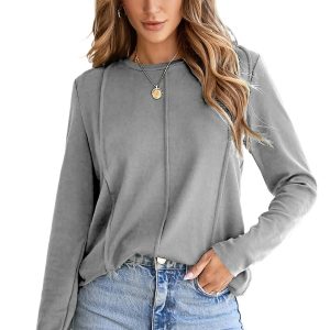 Women's Light Grey Solid Exposed Seam Crew Neck Long Sleeve Top for Casual Wear - Main View