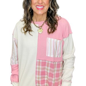 Women's Pink Colorblock Waffle Knit Top – Long Sleeve Plaid - Main View