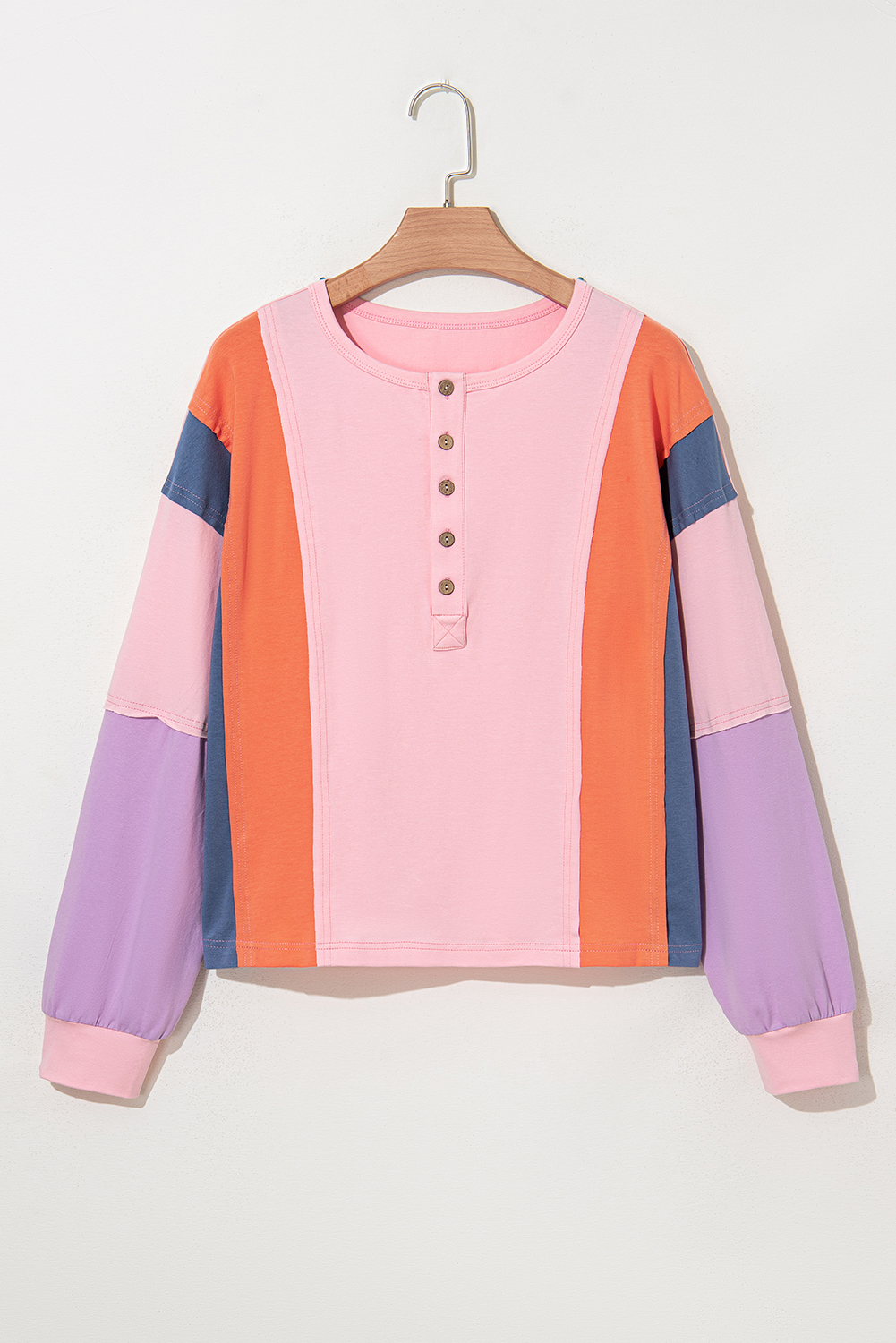 Women's Top, Pink Colorblock, Long Sleeve, Henley Style, V Neck, Button Detail, Casual Wear, Comfortable Fabric, Spring Fashion, Versatile Tops, Daily Wear, Trendy Design, Cotton Blend, Cozy Feel, Tops & Tees - Detail View 4 Women's Top, Pink Colorblock, Long Sleeve, Henley Style, V Neck, Button Detail, Casual Wear, Comfortable Fabric, Spring Fashion, Versatile Tops, Daily Wear, Trendy Design, Cotton Blend, Cozy Feel, Tops & Tees - Detail View 4