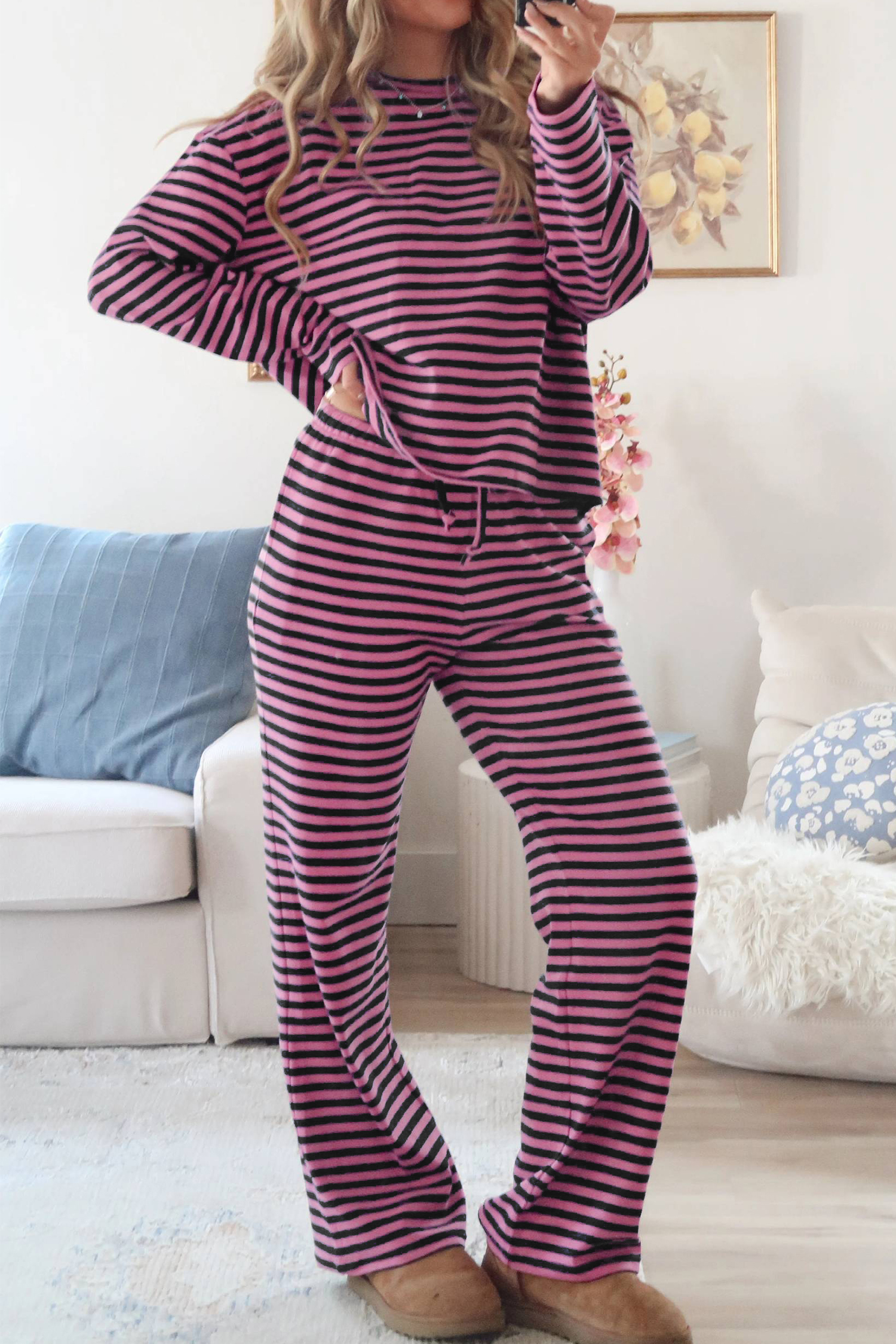 Pink Striped Women's Pajama Set, Long Sleeve Lounge - Detail View 14 Pink Striped Women's Pajama Set, Long Sleeve Lounge - Detail View 14