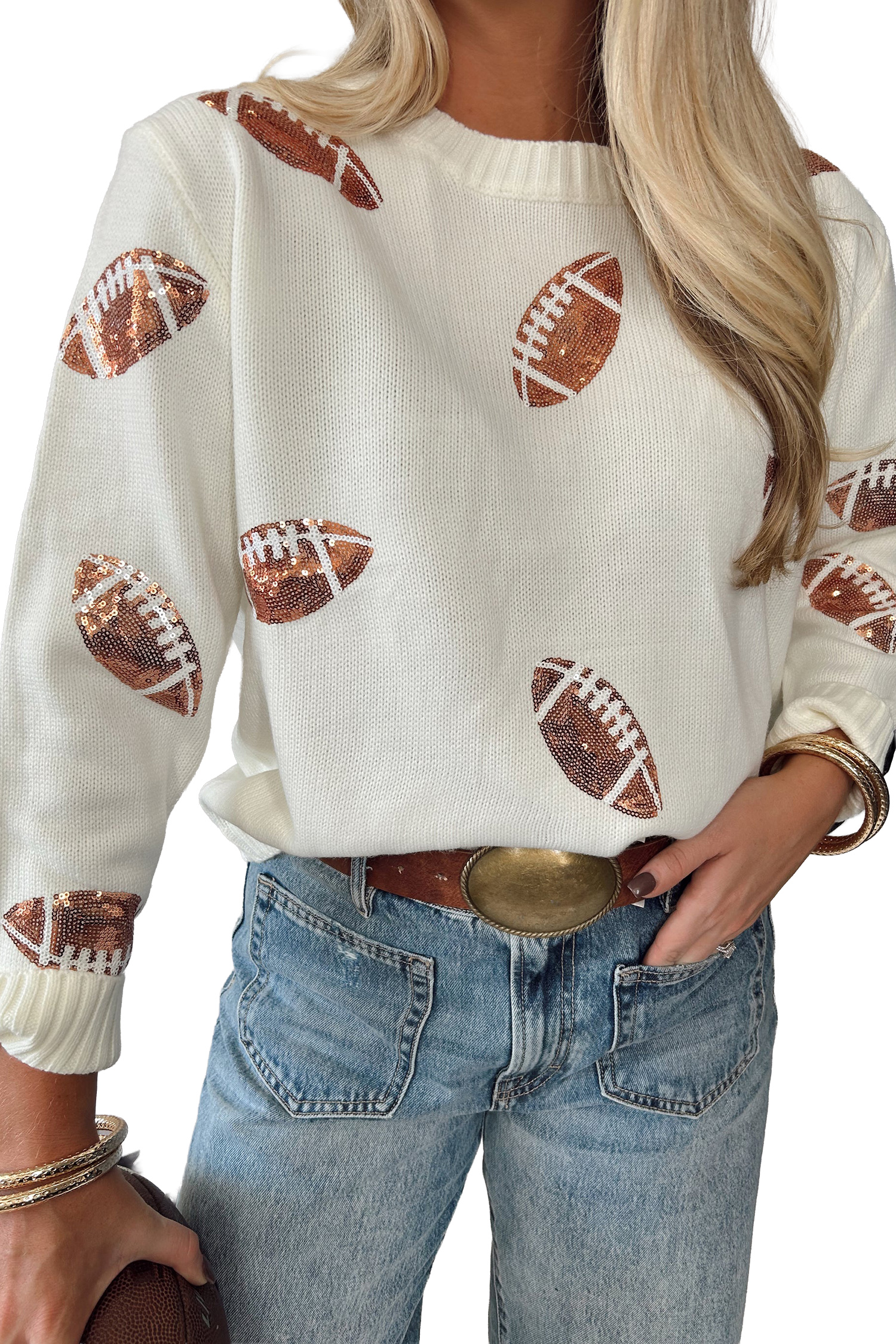 Women's Loose Fit Football Knit – Beige Sequin Crewneck Top - Detail View 8 Women's Loose Fit Football Knit – Beige Sequin Crewneck Top - Detail View 8