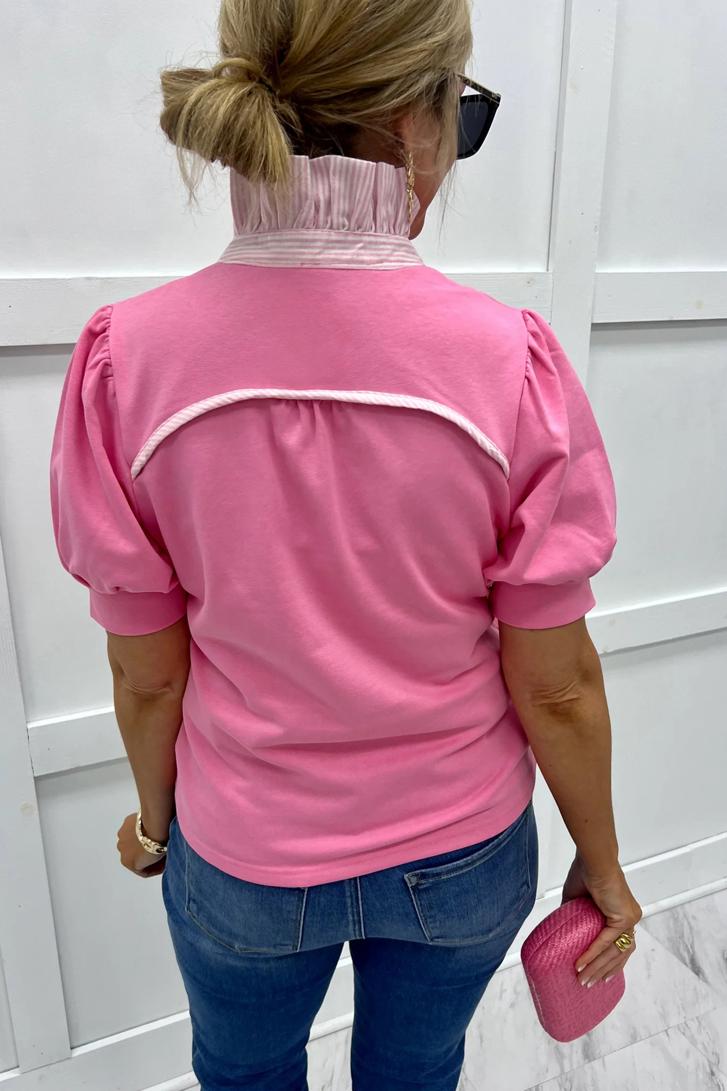 Chic Women's Stand Neck Blouse in Sachet Pink – Striped Short Sleeve Top for Office or Daily Wear - Detail View 12 Chic Women's Stand Neck Blouse in Sachet Pink – Striped Short Sleeve Top for Office or Daily Wear - Detail View 12