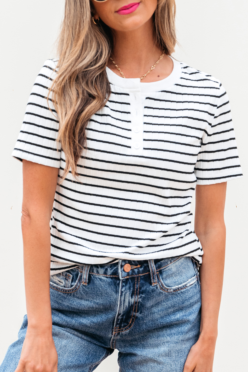 Modern White Stripe Casual Top with Buttoned Neckline - Perfect for Daily Wear - Detail View 7 Modern White Stripe Casual Top with Buttoned Neckline - Perfect for Daily Wear - Detail View 7
