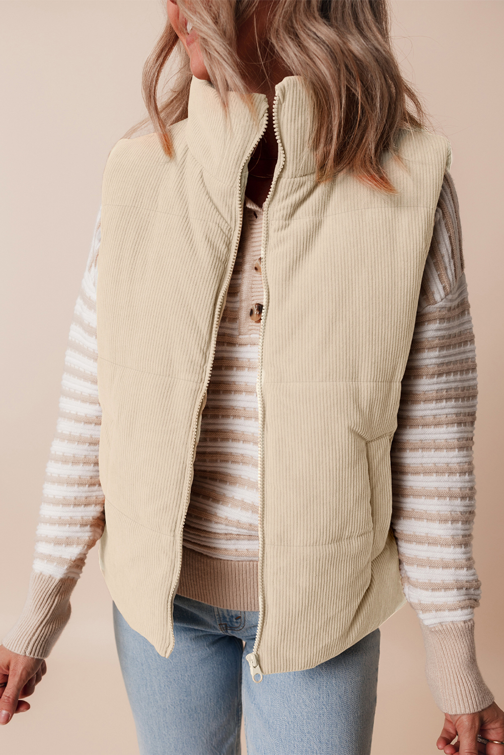 Casual Beige Corduroy Puffer Vest with Zipper for Women in Winter - Detail View 5 Casual Beige Corduroy Puffer Vest with Zipper for Women in Winter - Detail View 5