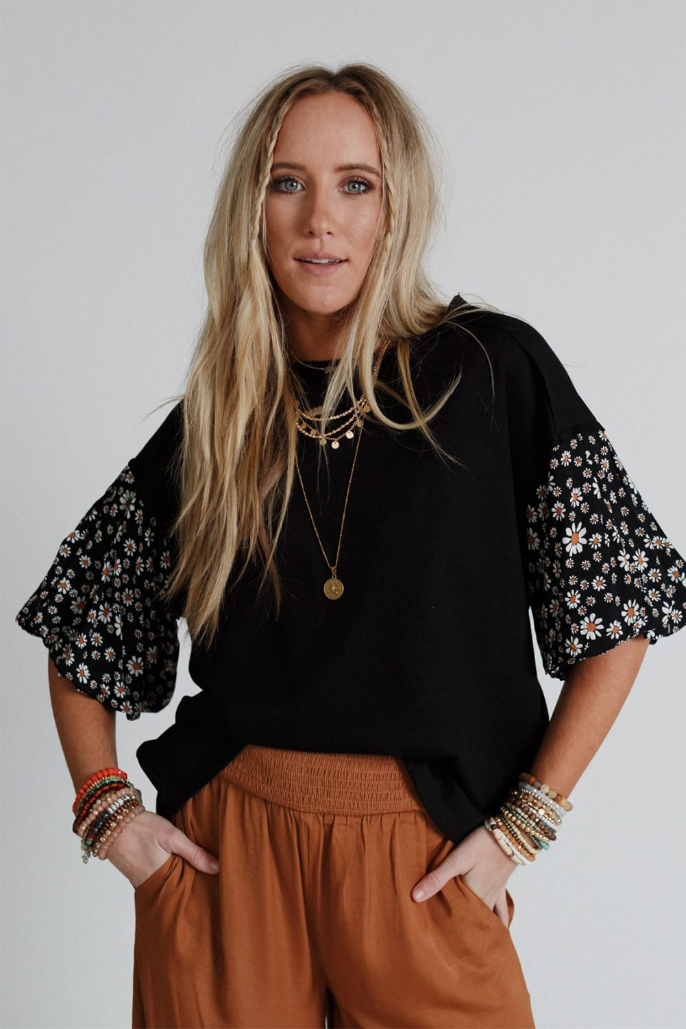Women's Top, Black Oversized, Puff Sleeves, Floral Patchwork, Casual Style, Daily Wear, Trendy, Crew Neck, Comfortable Fit, Summer Fashion, Versatile Design, Tops & Tees - Detail View 4 Women's Top, Black Oversized, Puff Sleeves, Floral Patchwork, Casual Style, Daily Wear, Trendy, Crew Neck, Comfortable Fit, Summer Fashion, Versatile Design, Tops & Tees - Detail View 4