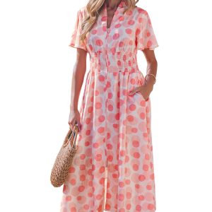 Women's Pink Polka Dot Maxi Dress – Elegant High Waist A-Line Long Dress with Smocked Waist - Main View