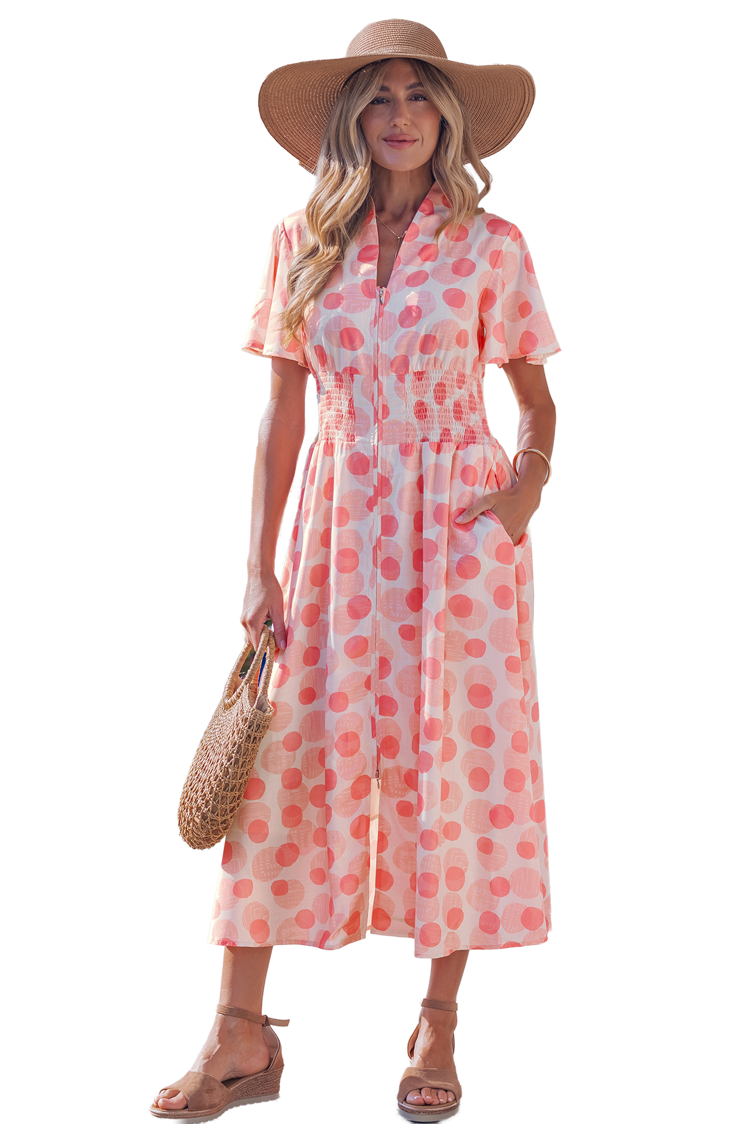 Women's Pink Polka Dot Maxi Dress – Elegant High Waist A-Line Long Dress with Smocked Waist - Main View Women's Pink Polka Dot Maxi Dress – Elegant High Waist A-Line Long Dress with Smocked Waist - Main View