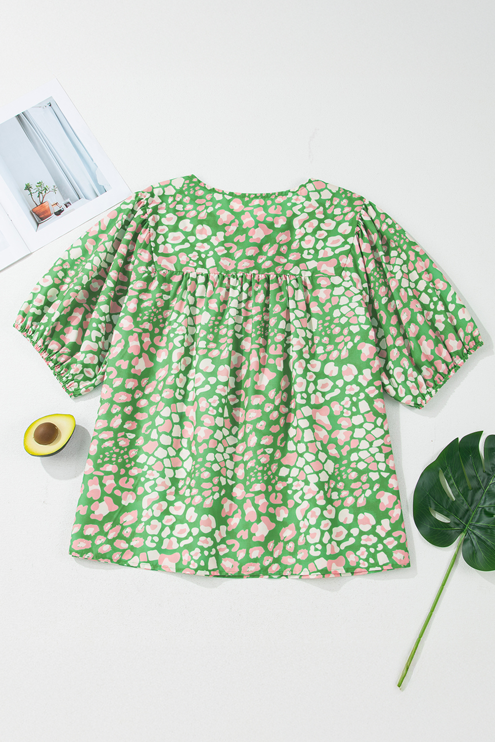 Vibrant Green Plus Size Blouse - Floral Print with Chic Puff Sleeves - Detail View 6 Vibrant Green Plus Size Blouse - Floral Print with Chic Puff Sleeves - Detail View 6