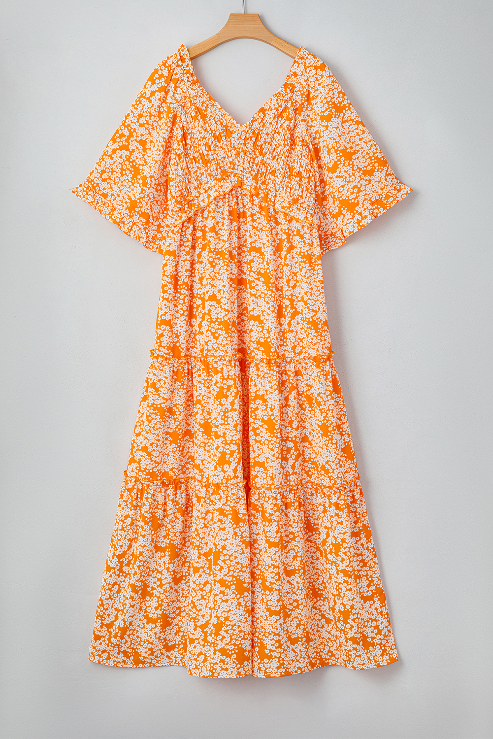 Women's Maxi Dress, Orange Floral, Smocked V Neck, Wide Sleeves, Bohemian Style, Vacation Outfit, Summer Fashion, A-Line Silhouette, Elegant Floral Print, Comfortable Fit, Daily Wear, Long Dress, Ruffle Details, High Waist - Detail View 8 Women's Maxi Dress, Orange Floral, Smocked V Neck, Wide Sleeves, Bohemian Style, Vacation Outfit, Summer Fashion, A-Line Silhouette, Elegant Floral Print, Comfortable Fit, Daily Wear, Long Dress, Ruffle Details, High Waist - Detail View 8