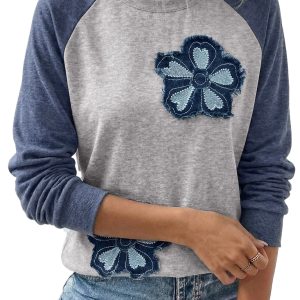 Women's Floral Embroidered Raglan Top – Casual Long Sleeve Color Block Shift Shirt - Main View