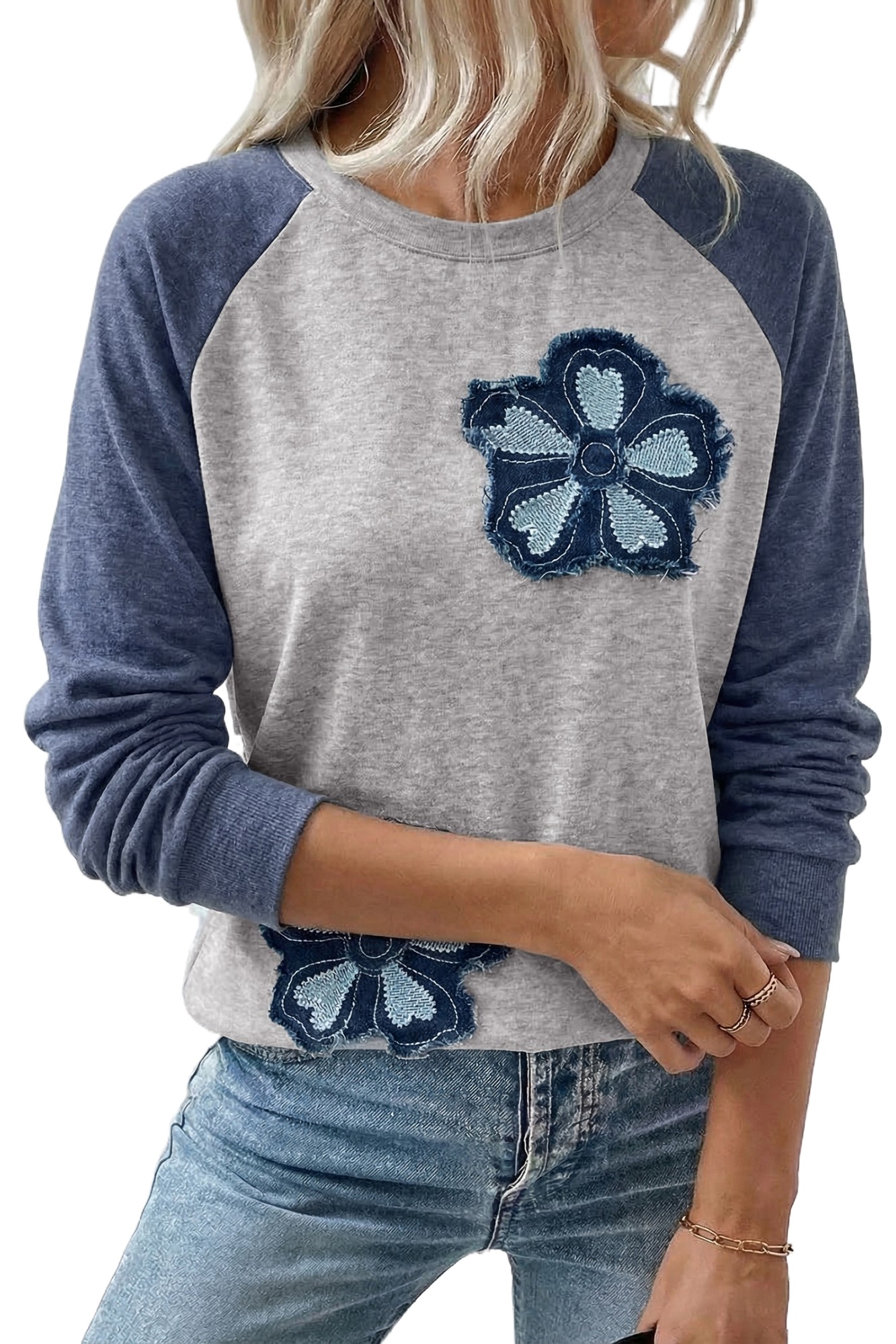 Women's Floral Embroidered Raglan Top – Casual Long Sleeve Color Block Shift Shirt - Main View Women's Floral Embroidered Raglan Top – Casual Long Sleeve Color Block Shift Shirt - Main View
