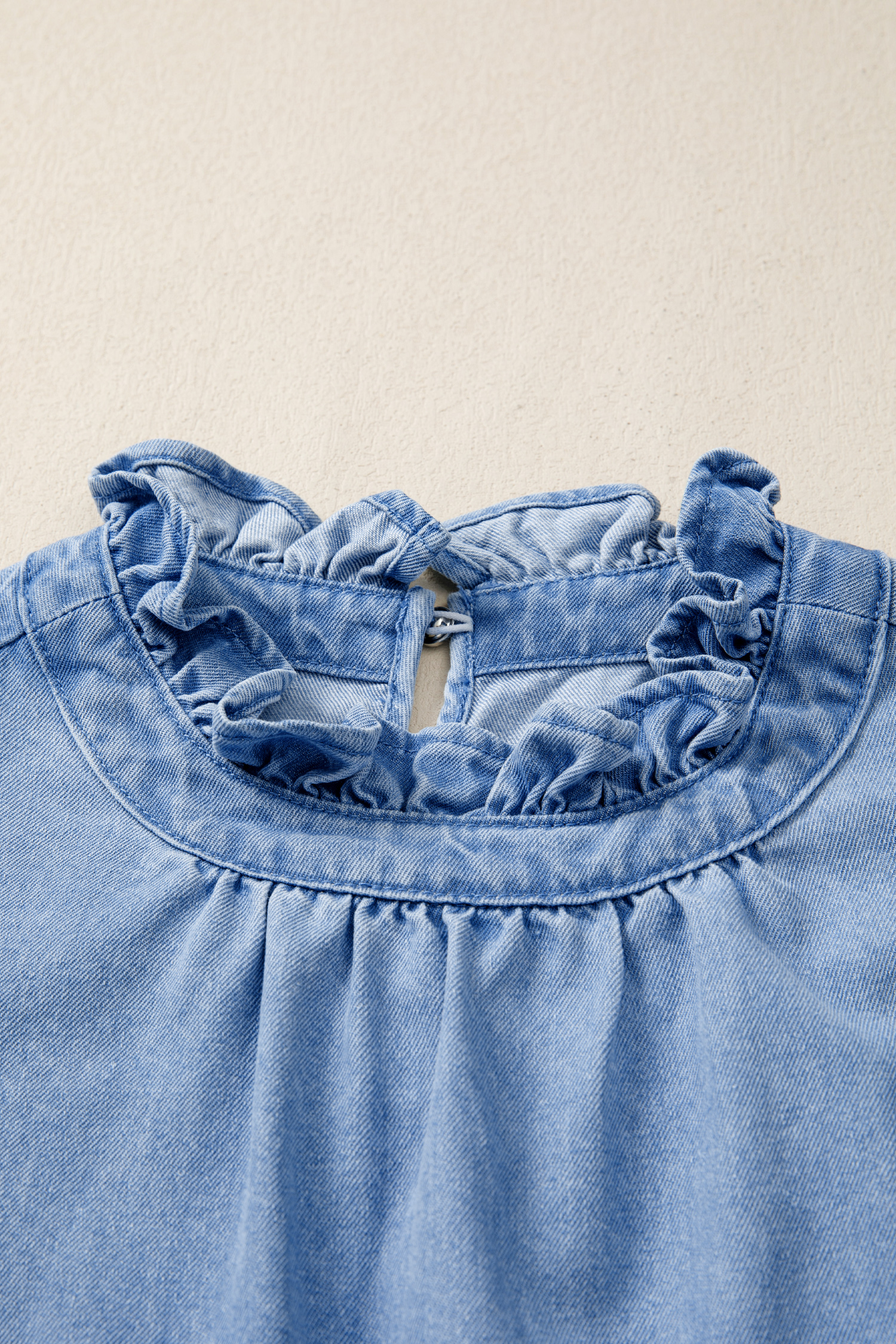 Western Style Denim Shift Top – Women's Frilled Collar Sleeveless Shirt for Daily Wear & Dates - Detail View 6 Western Style Denim Shift Top – Women's Frilled Collar Sleeveless Shirt for Daily Wear & Dates - Detail View 6