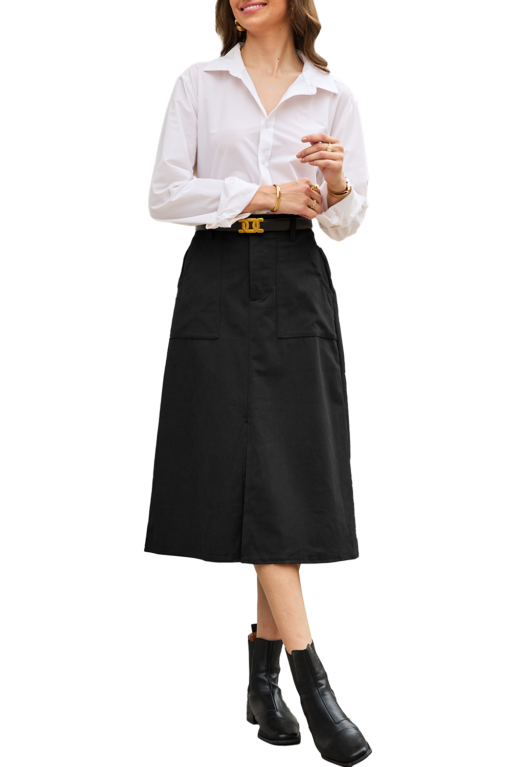 Versatile Black Shift Midi Skirt with Pocket – High Waist Style for Daily Wear - Detail View 12 Versatile Black Shift Midi Skirt with Pocket – High Waist Style for Daily Wear - Detail View 12