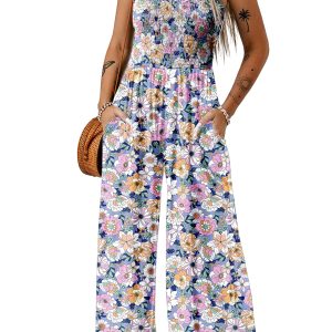 Women's Purple Floral Print Smocked High Waist Jumpsuit with Square Neckline - Main View
