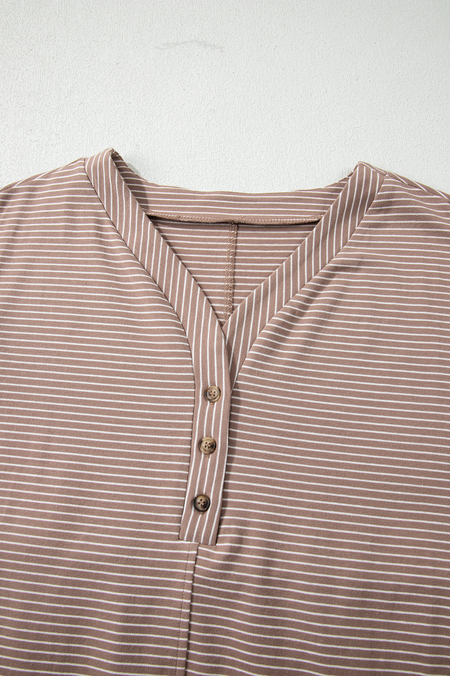 Chic Khaki Stripe Side Slit T-Shirt for Women – V Neck High Low Design, Ideal for Summer Outings - Detail View 8 Chic Khaki Stripe Side Slit T-Shirt for Women – V Neck High Low Design, Ideal for Summer Outings - Detail View 8