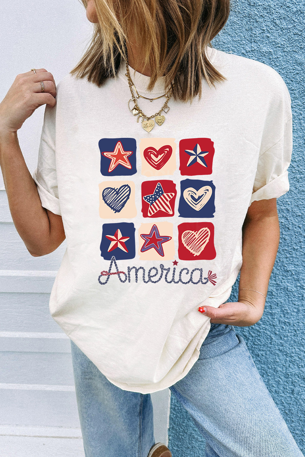 Stylish Women's Graphic T-Shirt with Heart and Star Pattern - Independence Day Inspired - Detail View 2 Stylish Women's Graphic T-Shirt with Heart and Star Pattern - Independence Day Inspired - Detail View 2