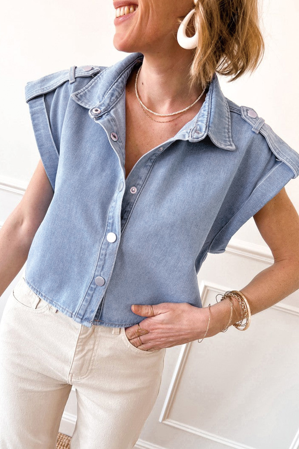 Women's Dusk Blue Denim Pinup Folded Cap Sleeve Shirt - Stylish Cropped Blouse - Detail View 13 Women's Dusk Blue Denim Pinup Folded Cap Sleeve Shirt - Stylish Cropped Blouse - Detail View 13