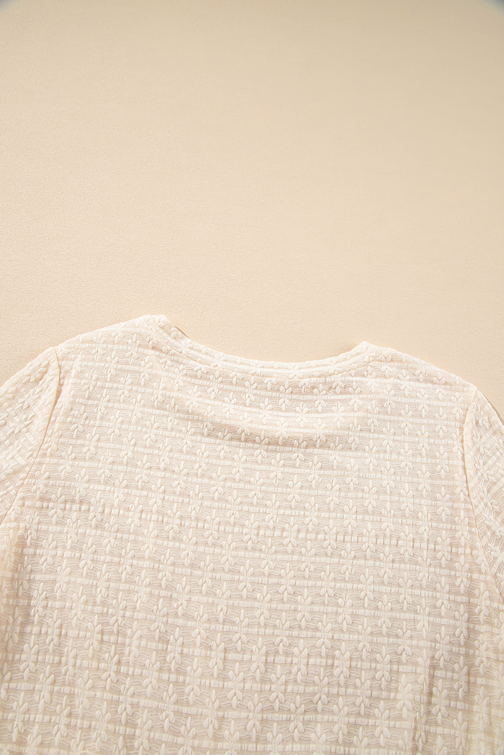Elegant Women's Beige Solid Color Textured Ruffled Short Sleeve Blouse - Detail View 9 Elegant Women's Beige Solid Color Textured Ruffled Short Sleeve Blouse - Detail View 9