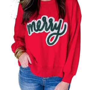 Women's Fiery Red Merry Script Holiday Sweatshirt – Casual Long Sleeve Round Neck Top for Daily Wear - Main View