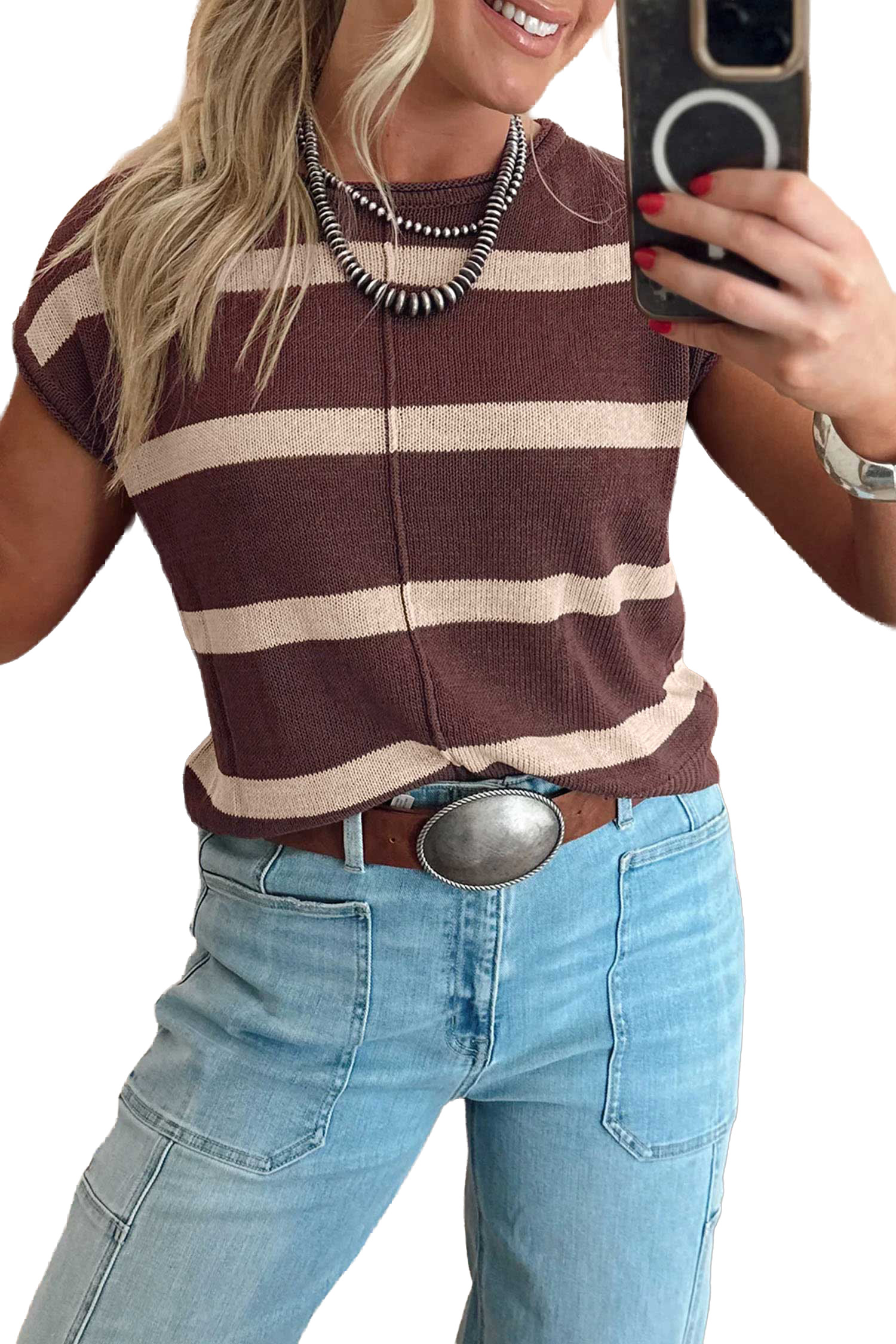 Women's Brown Striped Sweater, Casual Short Sleeve Knit Top - Main View Women's Brown Striped Sweater, Casual Short Sleeve Knit Top - Main View