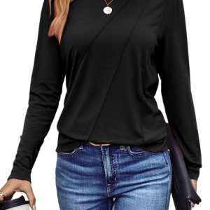 Women's Black Asymmetric Seam Detail Long Sleeve Top - Casual Fall Fashion - Main View