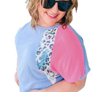 Women's Sky Blue Leopard Print Colorblock Plus Size T-Shirt - Casual and Cozy - Main View