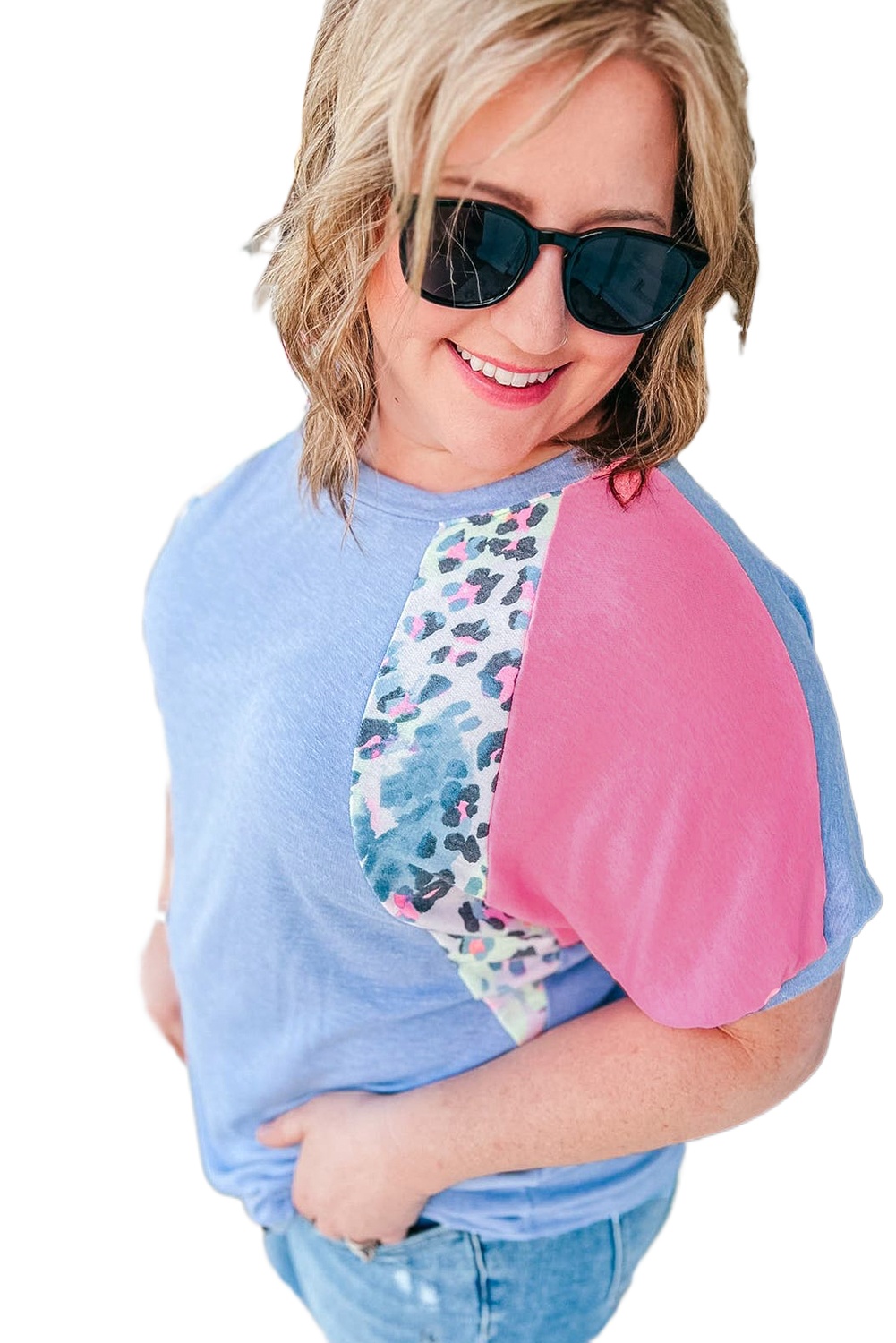 Women's Sky Blue Leopard Print Colorblock Plus Size T-Shirt - Casual and Cozy - Main View Women's Sky Blue Leopard Print Colorblock Plus Size T-Shirt - Casual and Cozy - Main View