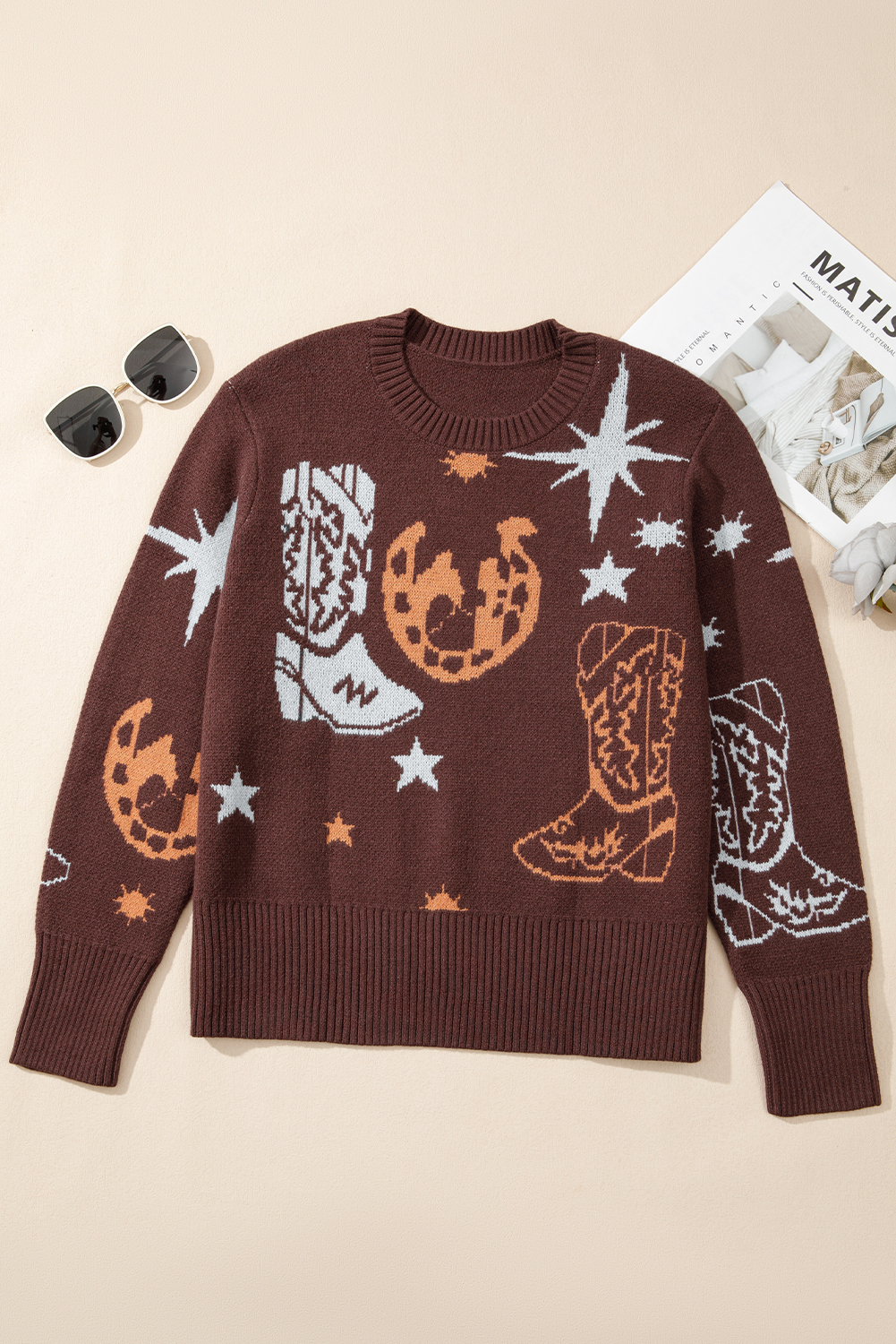 Women's Casual Brown Cowgirl Fashion Sweater – Versatile Long Sleeve Top with Western Motifs for Everyday Adventures - Detail View 3 Women's Casual Brown Cowgirl Fashion Sweater – Versatile Long Sleeve Top with Western Motifs for Everyday Adventures - Detail View 3