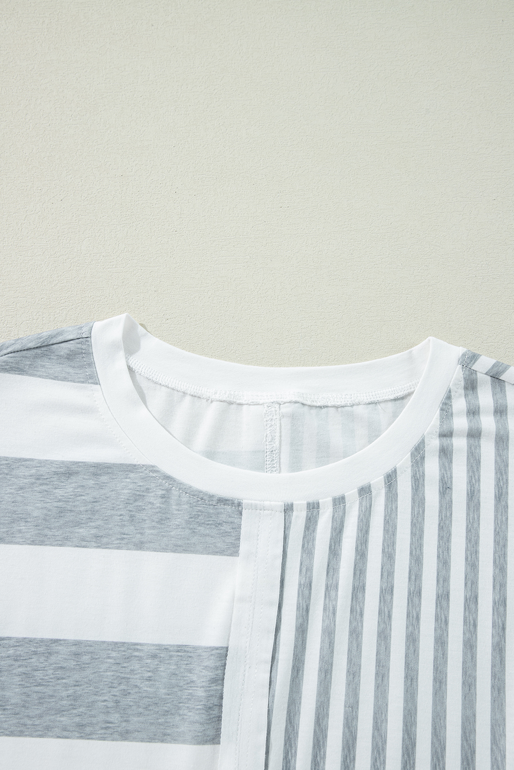 Women's Gray Stripe Mixed Printed Short Sleeve Shift Mini T-Shirt Dress - Detail View 9 Women's Gray Stripe Mixed Printed Short Sleeve Shift Mini T-Shirt Dress - Detail View 9