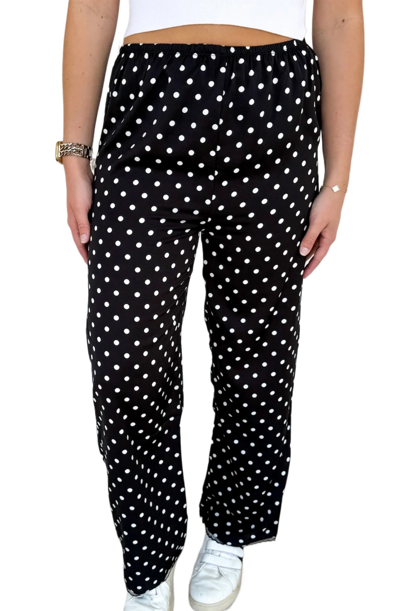 Women's Black Polka Dot Pants – Casual Loose Fit Trousers with Lace Hem and Elastic Waist for Daily Wear - Main View Women's Black Polka Dot Pants – Casual Loose Fit Trousers with Lace Hem and Elastic Waist for Daily Wear - Main View