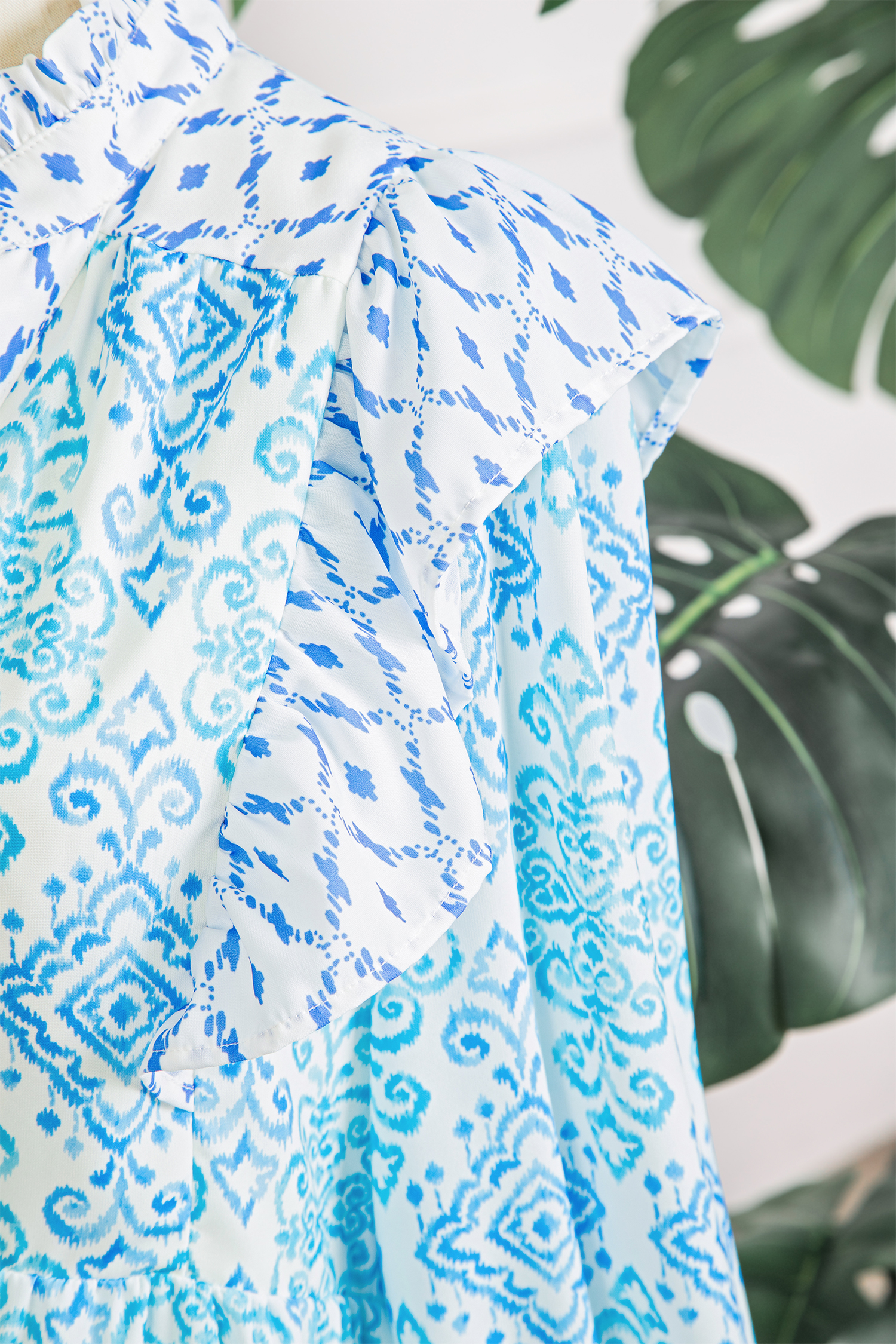 Women's Geometric Print Mini Dress – Ruffle Detail Summer Wear - Detail View 6 Women's Geometric Print Mini Dress – Ruffle Detail Summer Wear - Detail View 6
