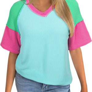 Women's Color Block V-Neck Tee – Casual Short Sleeve Patchwork Top, Aruba Blue - Main View