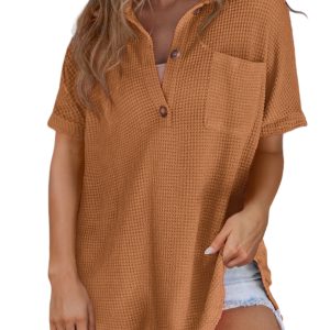 Men's Chestnut Waffle Knit Polo Tee – Breathable Round Hem with Pocket for Casual Summer Style - Main View