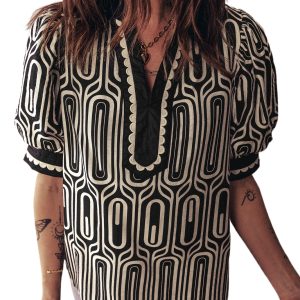 Women's Black Geometric Print Scallop Color Block Blouse – Stylish Short Sleeve Top for Office & Casual Wear - Main View