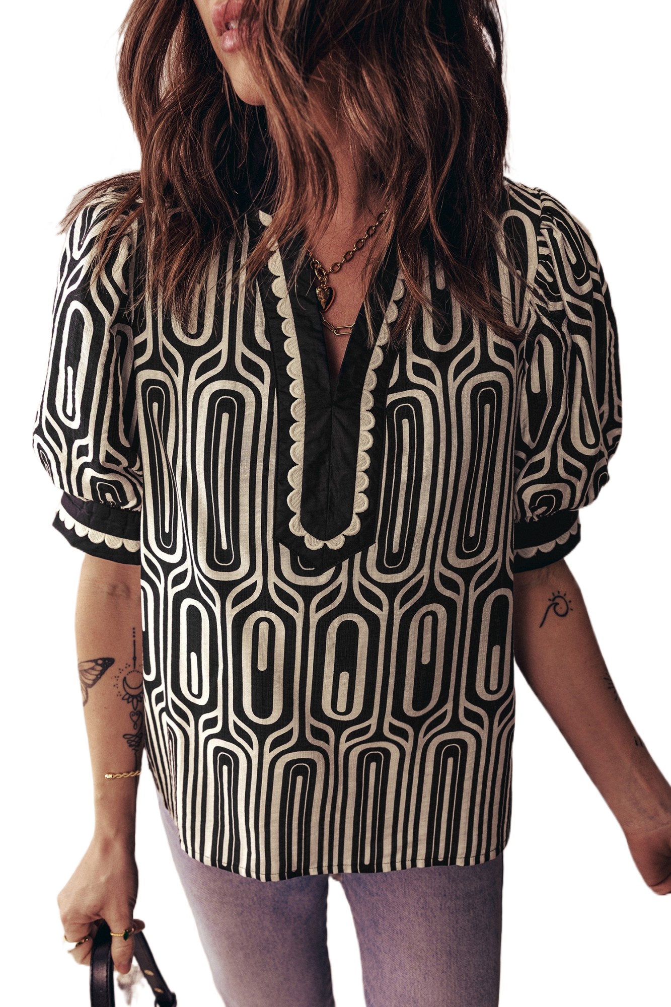 Women's Black Geometric Print Scallop Color Block Blouse – Stylish Short Sleeve Top for Office & Casual Wear - Main View Women's Black Geometric Print Scallop Color Block Blouse – Stylish Short Sleeve Top for Office & Casual Wear - Main View