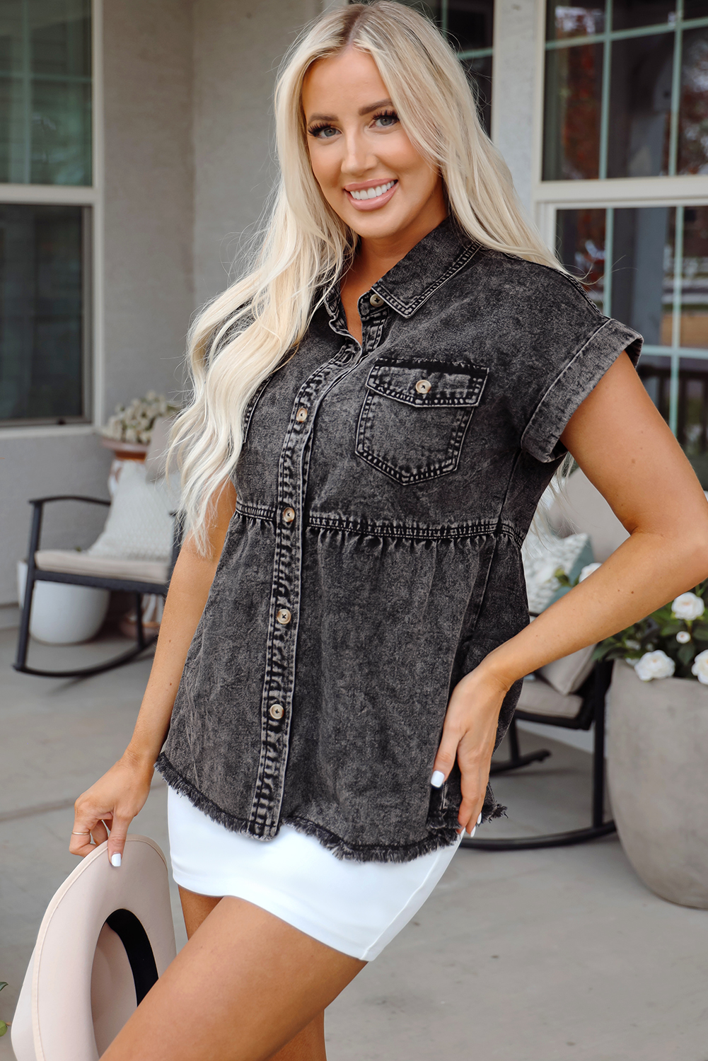 Trendy Short Sleeve Raw Hem Denim Top - Perfect for Summer Casual Wear - Detail View 3 Trendy Short Sleeve Raw Hem Denim Top - Perfect for Summer Casual Wear - Detail View 3