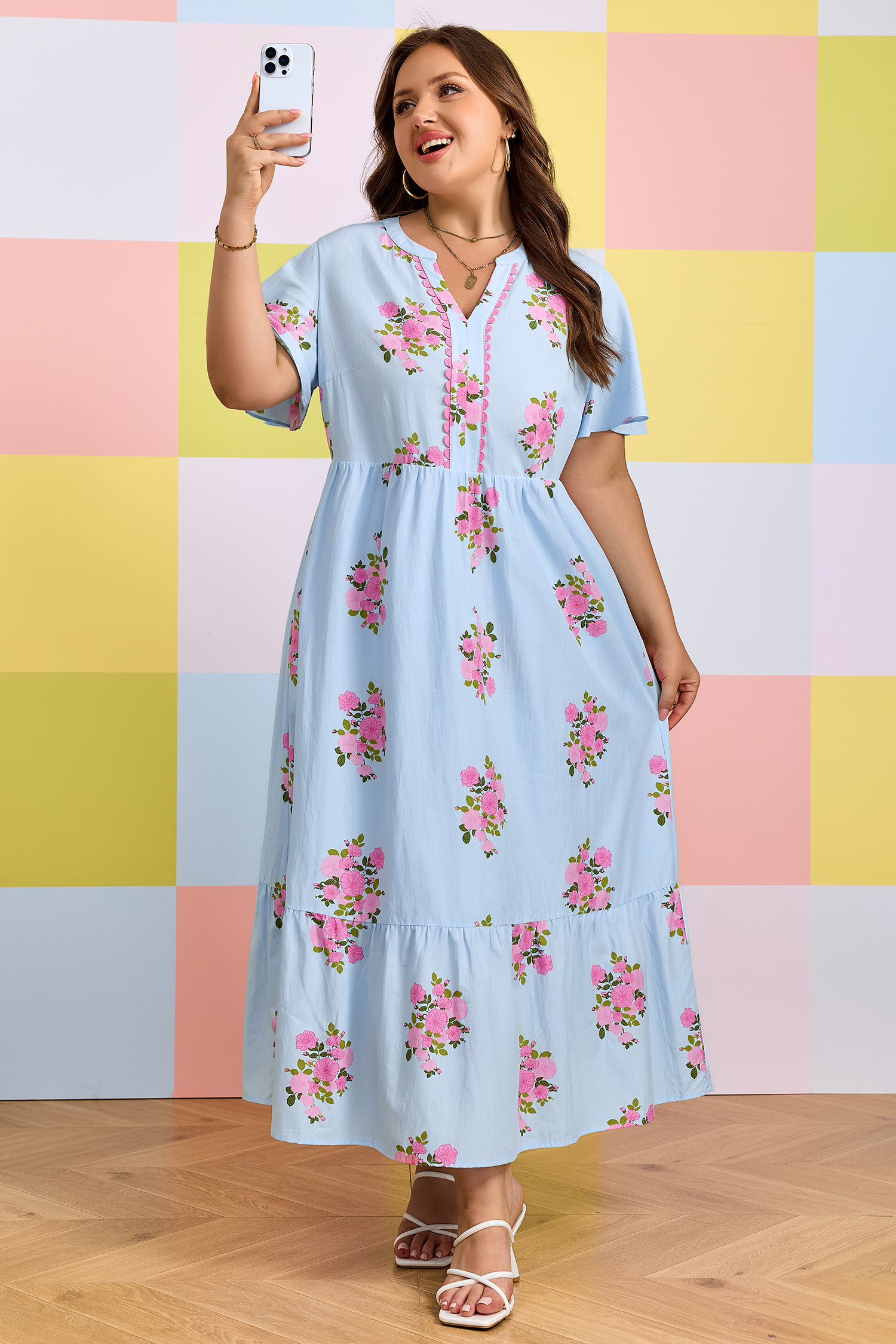 Floral Print V-Neck Summer Dress for Women – Sky Blue Short Sleeve Vacation Maxi with Rick Rack Trim - Detail View 14 Floral Print V-Neck Summer Dress for Women – Sky Blue Short Sleeve Vacation Maxi with Rick Rack Trim - Detail View 14